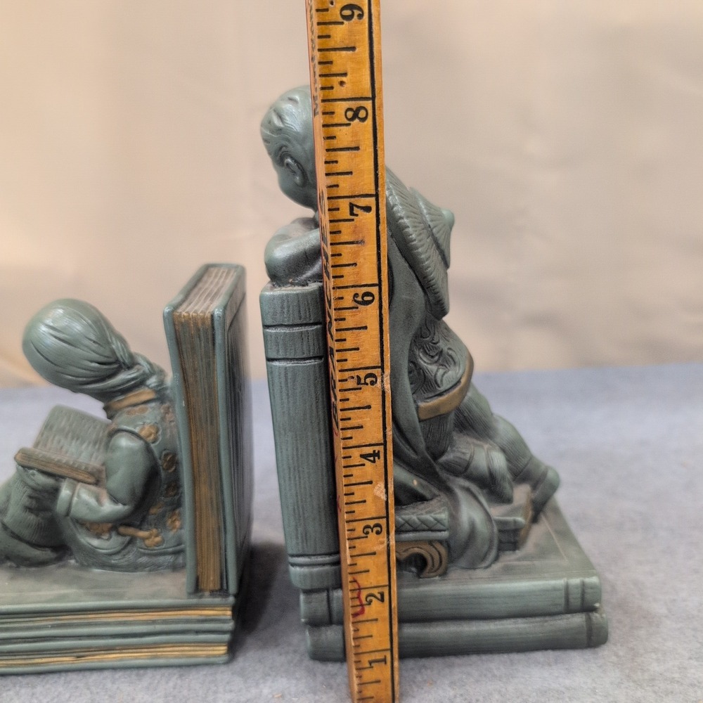Vintage 1964 Universal Statuary Corp Asian Boy Girl Reading Bookends 927B Green - Picture 7 of 8